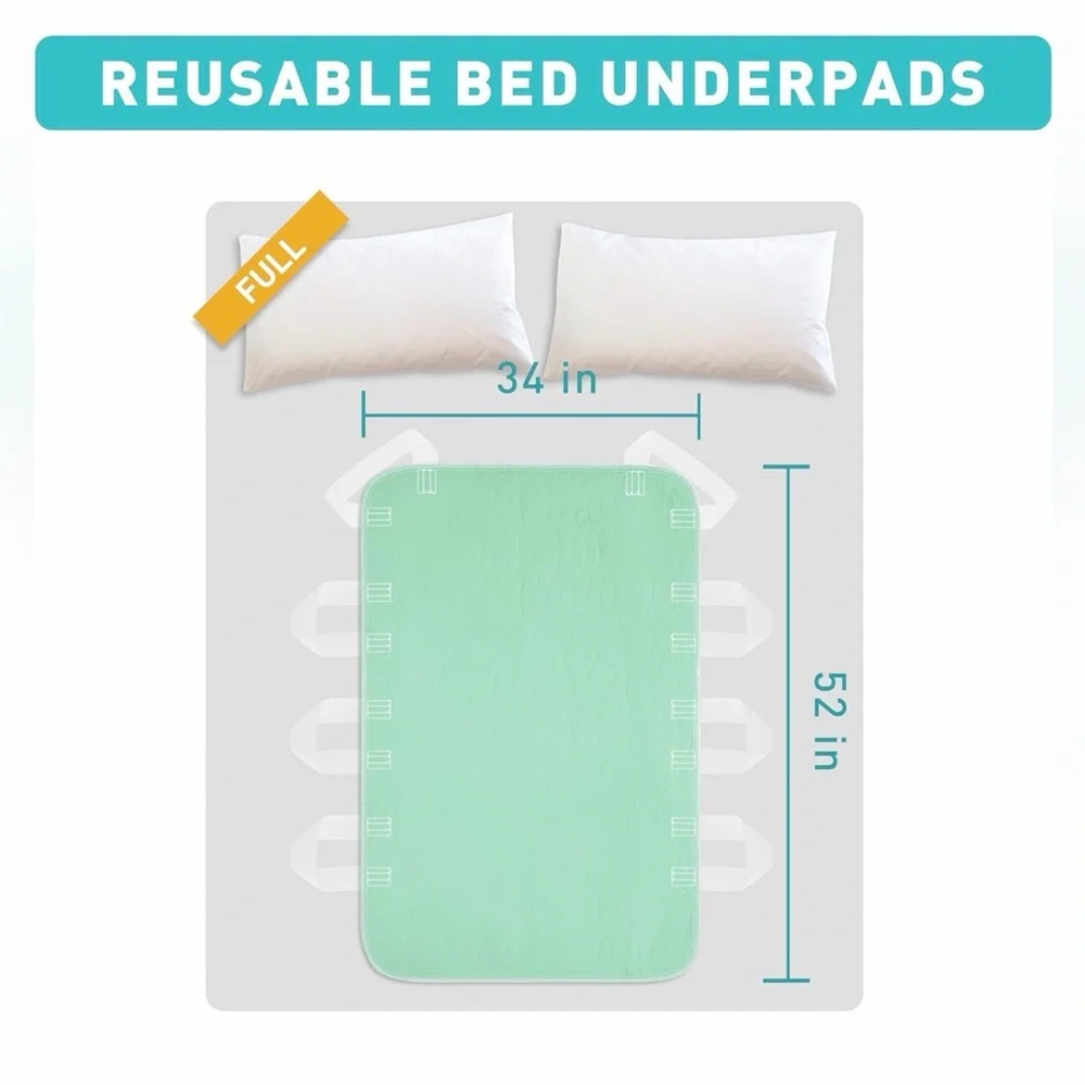 3 Pack Mint Green Incontinence Washable Bed🛏️Pads with 8 Sturdy Handles 34”×52”
